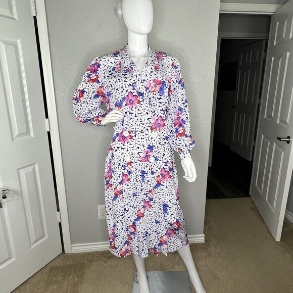 Cheminee New York Size M Vintage 70s Floral Bishop Sleeve Pleated Midi Dress - Picture 2 of 11